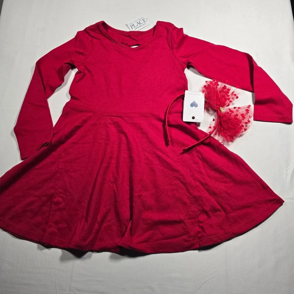 TCP The Childrens Place Girls 5T Red Heart Cutout Skater Dress &‎ Headband Set